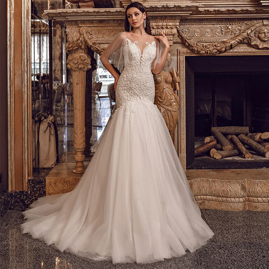 Luxurious Tulle Mermaid Wedding Dress 2021 Fashion Sweep Train Appliques Scoop Neck Illusion Sleecve Bridal Gowns - LiveTrendsX