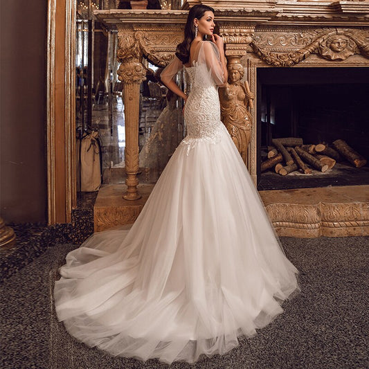 Luxurious Tulle Mermaid Wedding Dress 2021 Fashion Sweep Train Appliques Scoop Neck Illusion Sleecve Bridal Gowns - LiveTrendsX