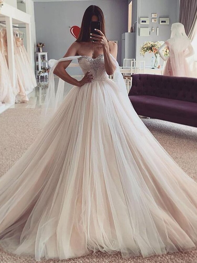 GY Elegant Beach Wedding Party Dress Wedding Dresses Beading Puffy Tulle Princess Bridal Gowns With Lace-Up Off The Shoulder - LiveTrendsX