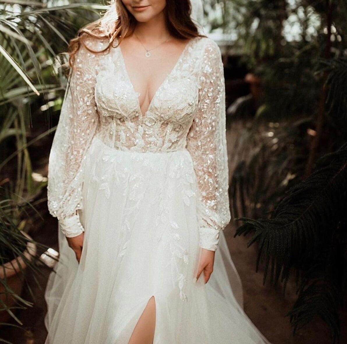 Boho Wedding Dress A-Line Lantern Sleeve Side Slit Lace Appliques Beads Sequined Button Floor Length Sweep Train Bride Gown New - LiveTrendsX