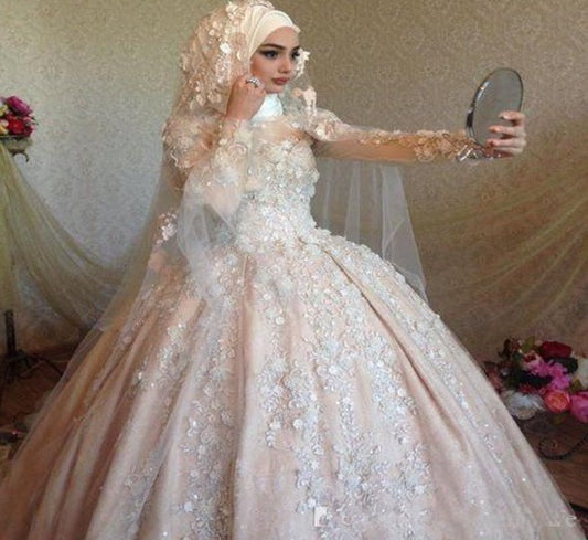 Luxury Muslim Arabic Wedding Dresses 2021 Long Sleeve Full Lace 3D Floral Beaded Hijab Dubai Princess Bride Wedding Dress - LiveTrendsX