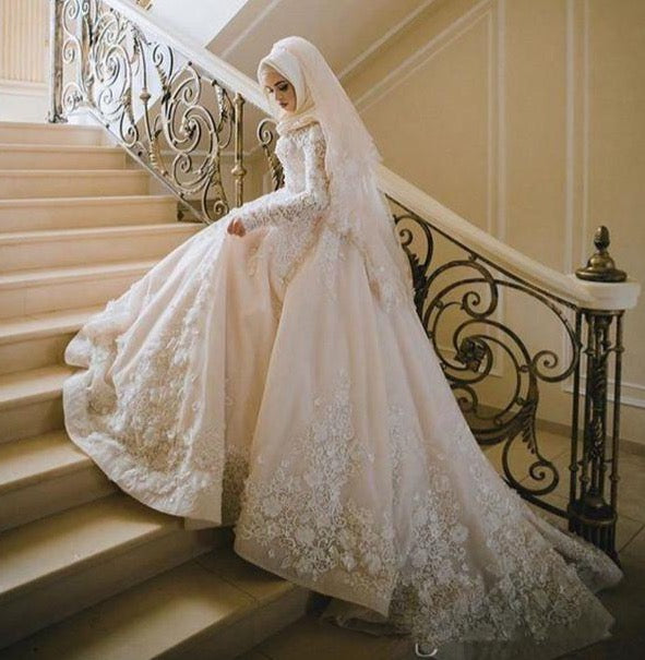 Luxury Muslim Arabic Wedding Dresses 2021 Long Sleeve Full Lace 3D Floral Beaded Hijab Dubai Princess Bride Wedding Dress - LiveTrendsX