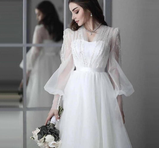 White Simple Sexy Wedding Dress 2021 Lantern Sleeves Beading Photography Bridal Gown Custom Made - LiveTrendsX