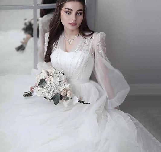 White Simple Sexy Wedding Dress 2021 Lantern Sleeves Beading Photography Bridal Gown Custom Made - LiveTrendsX