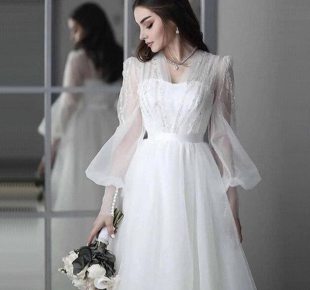 White Simple Sexy Wedding Dress 2021 Lantern Sleeves Beading Photography Bridal Gown Custom Made - LiveTrendsX