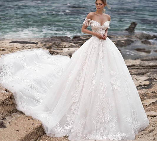Princess Wedding Dresses 2021 A-Line Elegant Off the Shoulder Lace Up Romantic Appliques Bride Gown - LiveTrendsX