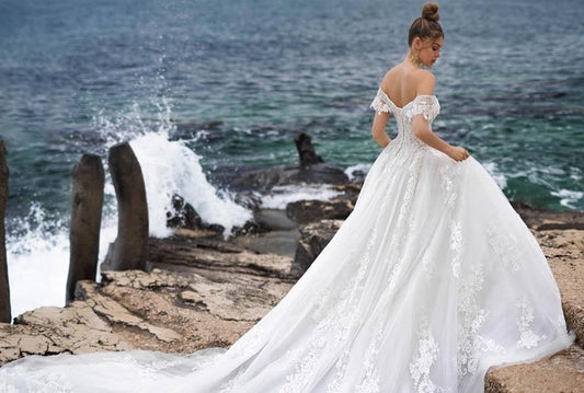 Princess Wedding Dresses 2021 A-Line Elegant Off the Shoulder Lace Up Romantic Appliques Bride Gown - LiveTrendsX