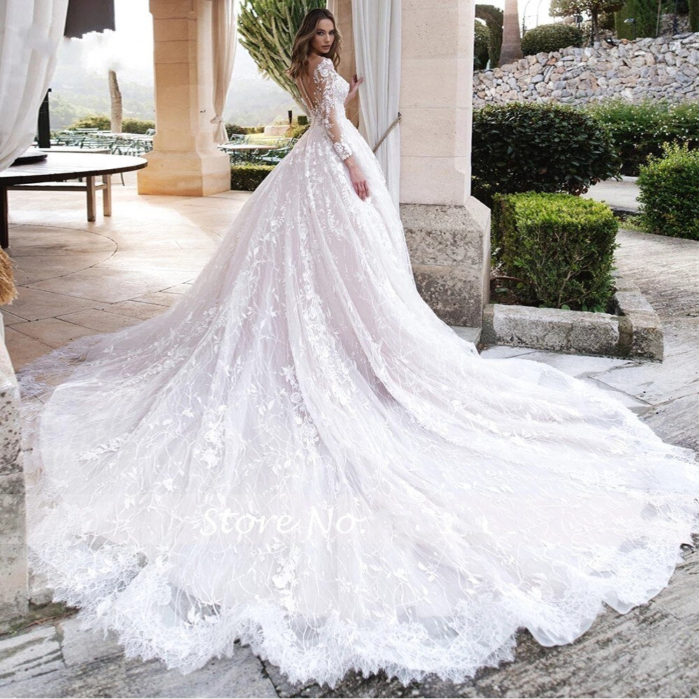 Ball Gown Luxury Lace Wedding Dresses with Long Sleeves Sexy Back Royal Train Women Bridal Dress 2021 - LiveTrendsX