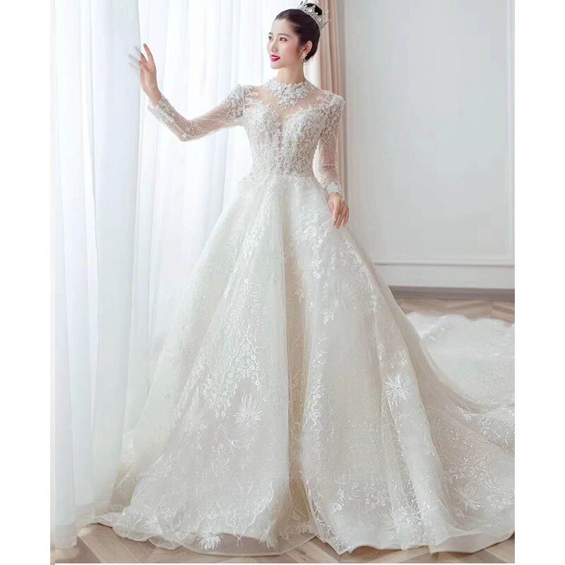 2021 Luxurious Beaded America Ball Gown Long Sleeves Wedding Dresses Lace Tulle 3d Appliques Fitted Bridal Gowns Plus Size - LiveTrendsX