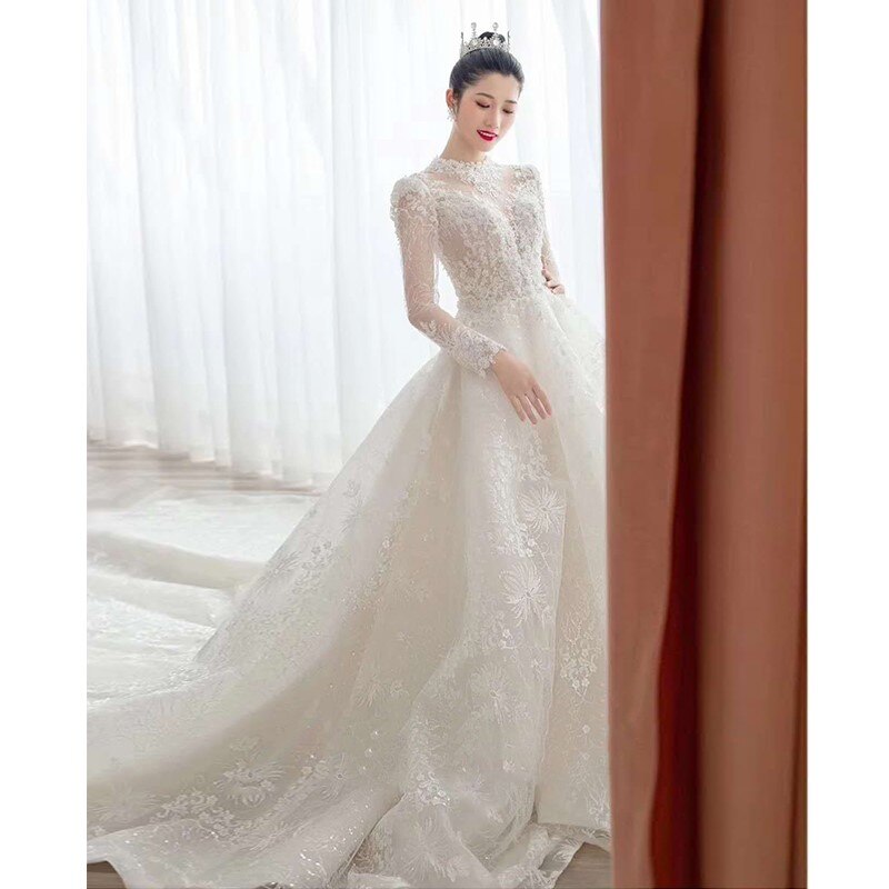 2021 Luxurious Beaded America Ball Gown Long Sleeves Wedding Dresses Lace Tulle 3d Appliques Fitted Bridal Gowns Plus Size - LiveTrendsX