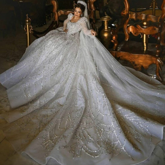 5 Meters Detachable Train Wedding Dress V Back Lace Sequined Luxury Bridal Gowns Crystal Beads robes de mariée - LiveTrendsX