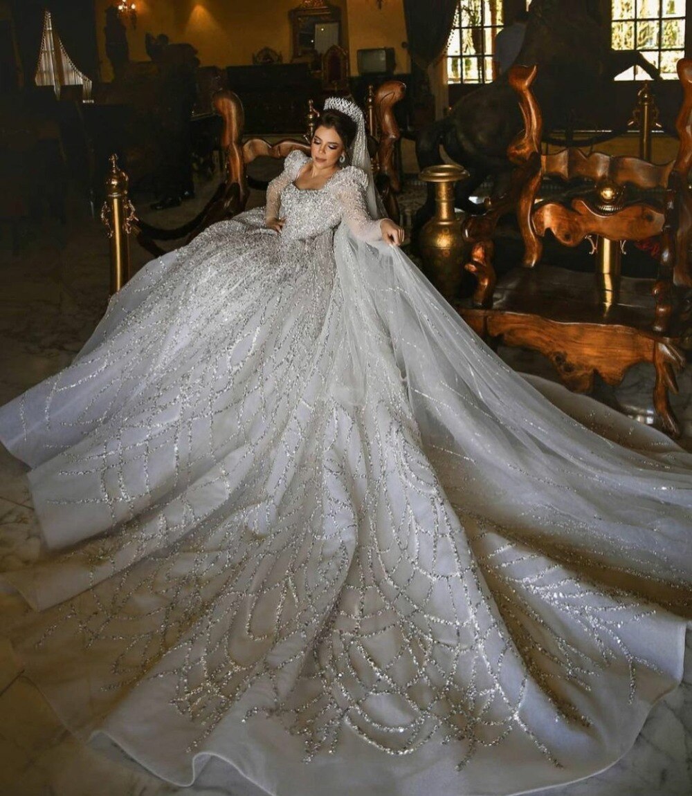 5 Meters Detachable Train Wedding Dress V Back Lace Sequined Luxury Bridal Gowns Crystal Beads robes de mariée - LiveTrendsX