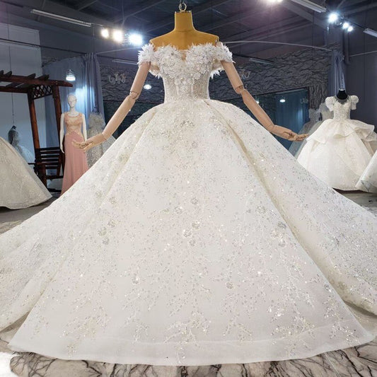 Ball Gown Wedding Dresses Puffy Ballgown Wedding Dress Beads Stones Embellished Top Off The Shoulder Arabic Bridal Gowns Corset - LiveTrendsX