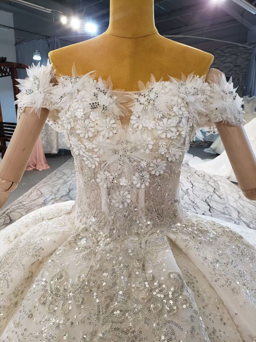 Ball Gown Wedding Dresses Puffy Ballgown Wedding Dress Beads Stones Embellished Top Off The Shoulder Arabic Bridal Gowns Corset - LiveTrendsX
