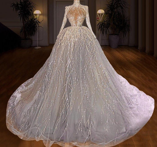3 Designs White Crystals Wedding Dresses A-Line Long Sleeves Princess Wedding Gowns Sequins Brides Dresses - LiveTrendsX