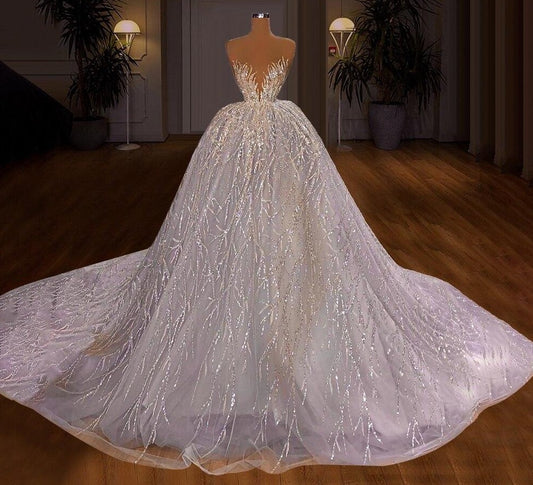 3 Designs White Crystals Wedding Dresses A-Line Long Sleeves Princess Wedding Gowns Sequins Brides Dresses - LiveTrendsX