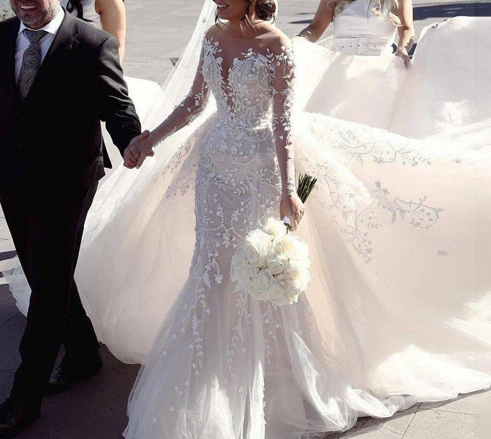 Long Sleeve Luxury Mermaid Wedding Dress Beading Embroidery Chapel Train Bridal Gown vestido de noiva - LiveTrendsX