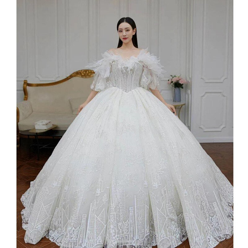 Princess Wedding Dress 2021 Glamorous Flowers Sleeves Shining Beading Lace Appliques Bride Dresses Lace Up Ball Gown Bridal Gown - LiveTrendsX
