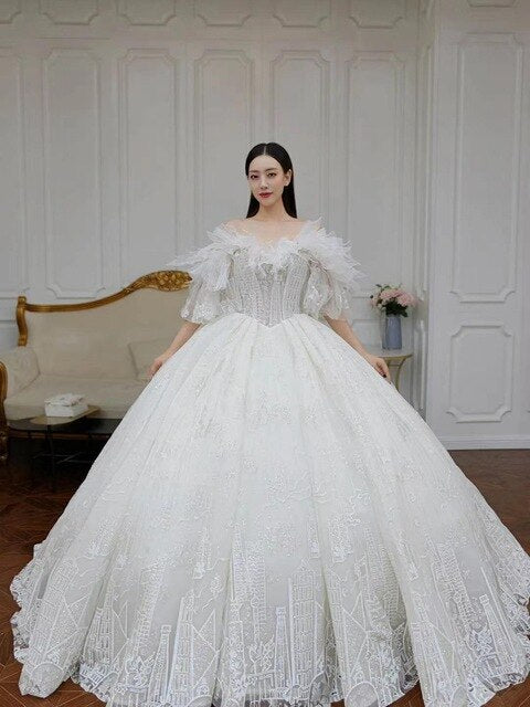 Princess Wedding Dress 2021 Glamorous Flowers Sleeves Shining Beading Lace Appliques Bride Dresses Lace Up Ball Gown Bridal Gown - LiveTrendsX