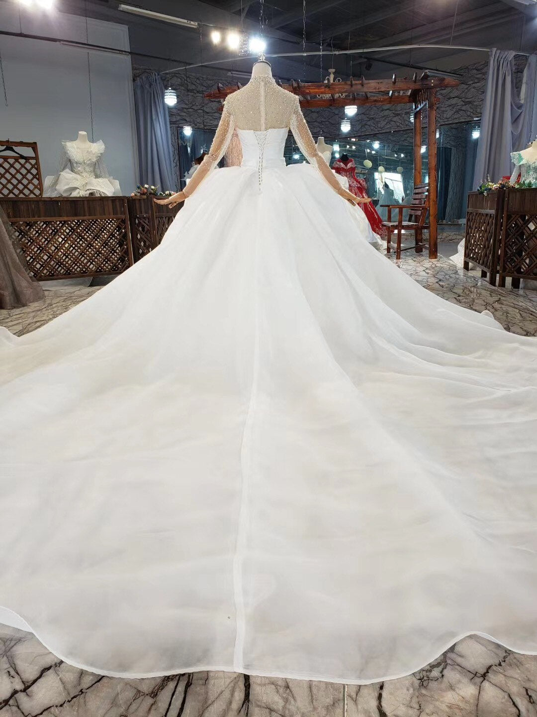 High Neckline Luxury Ball-gown Wedding Dress Satin Fabrics Elegant Princess Wedding Gown - LiveTrendsX