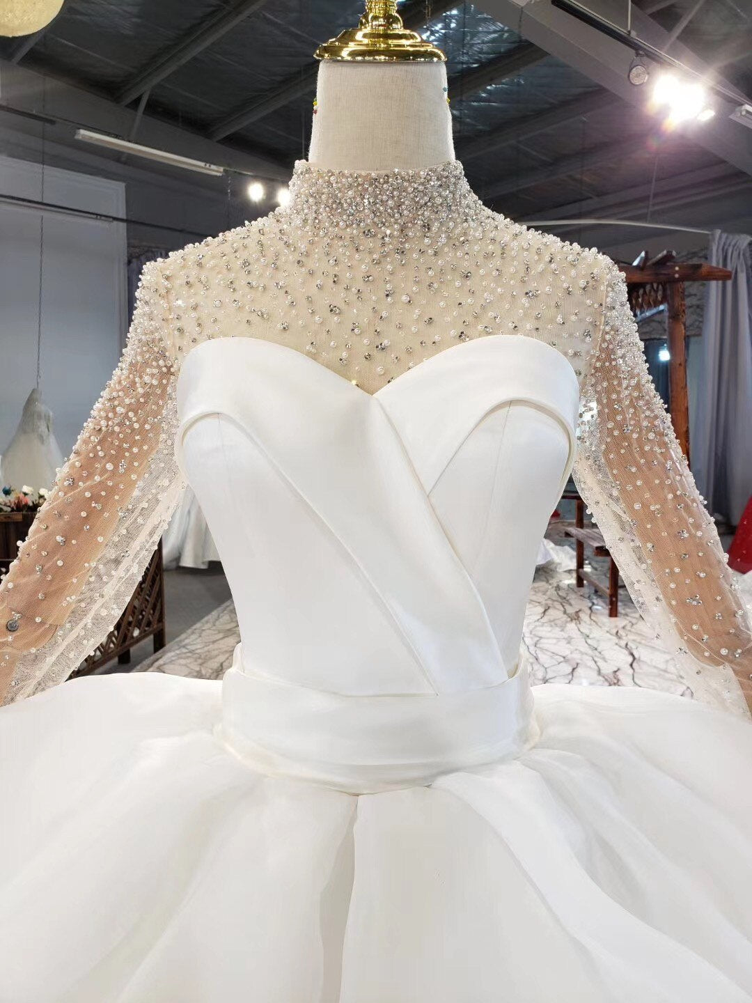 High Neckline Luxury Ball-gown Wedding Dress Satin Fabrics Elegant Princess Wedding Gown - LiveTrendsX