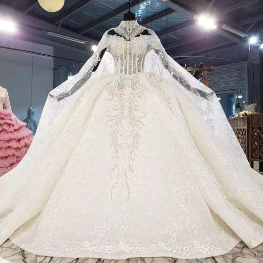Beading Sequined Appliques Lace Necklace Shawl Long Sleeve Gorgeous Ball Gown Wedding Dress With 1.5m Picture Chapel Train - LiveTrendsX