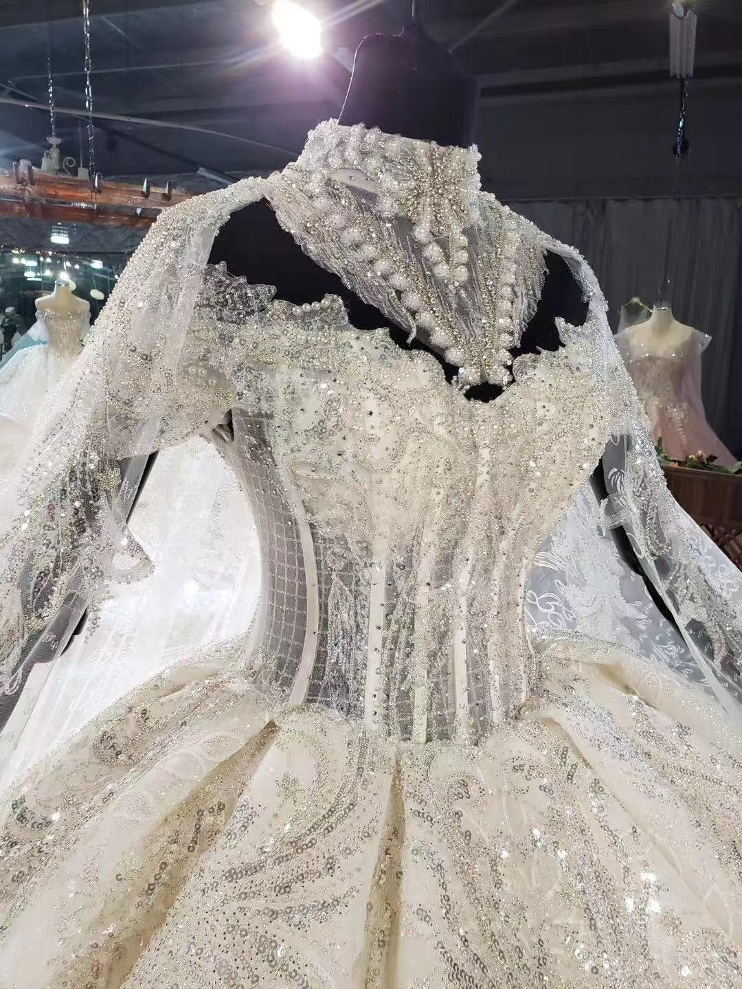 Beading Sequined Appliques Lace Necklace Shawl Long Sleeve Gorgeous Ball Gown Wedding Dress With 1.5m Picture Chapel Train - LiveTrendsX