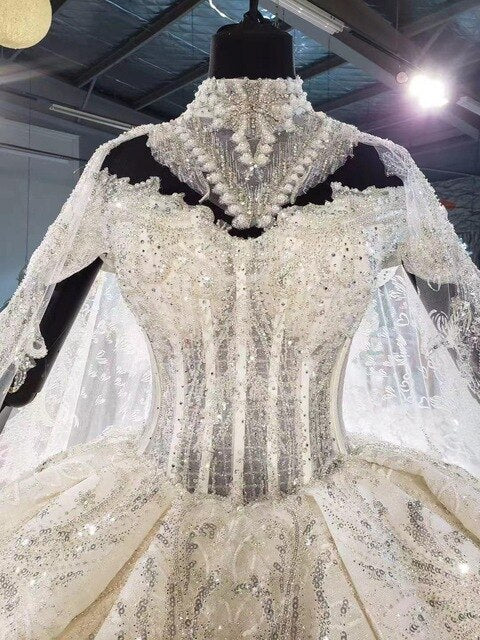 Beading Sequined Appliques Lace Necklace Shawl Long Sleeve Gorgeous Ball Gown Wedding Dress With 1.5m Picture Chapel Train - LiveTrendsX
