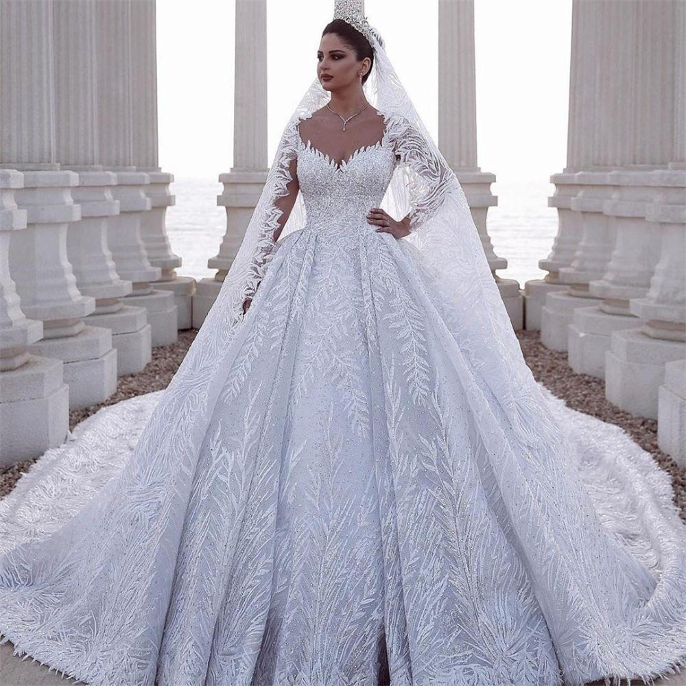 Luxurious Beaded Arabic A Line Wedding Dresses Crystals Lace Appliques Tulle Fitted Bridal Gowns Plus Size - LiveTrendsX