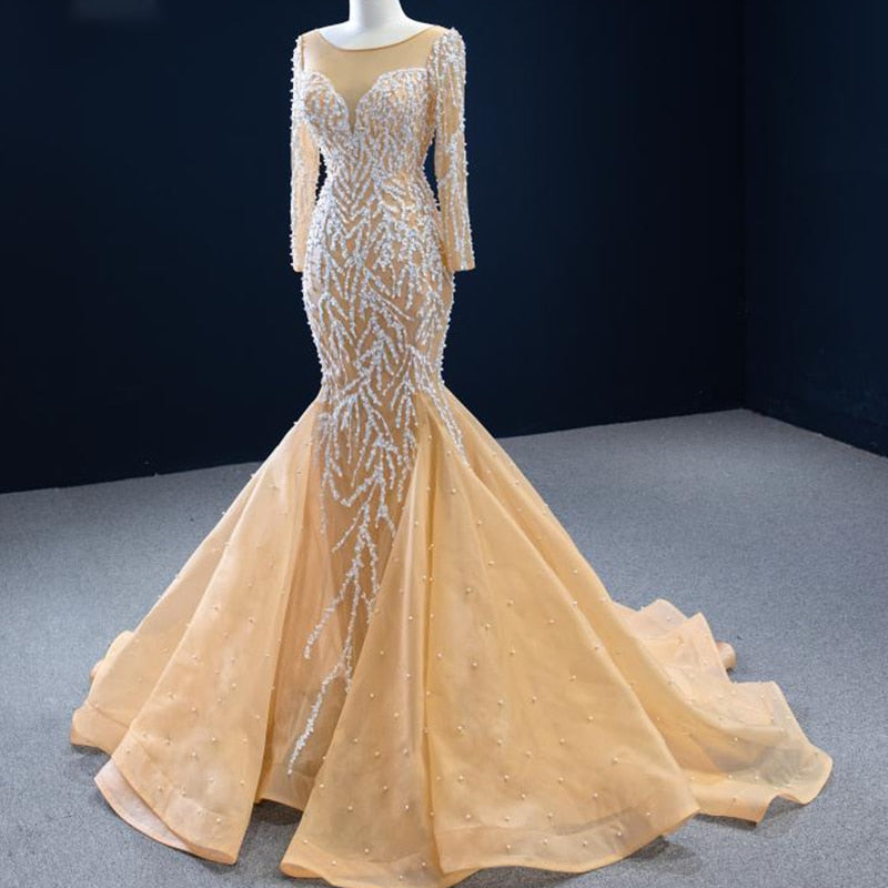 New Mermaid Wedding Dress  Custom Design Dress Pearls V-Neck Long Sleeve Applique - LiveTrendsX