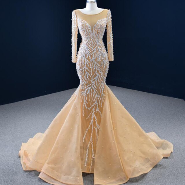 New Mermaid Wedding Dress  Custom Design Dress Pearls V-Neck Long Sleeve Applique - LiveTrendsX