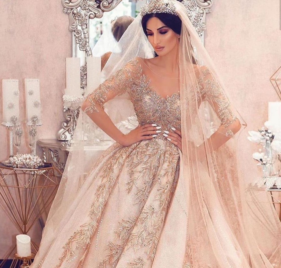 Dubai Extreme Luxury Long Sleeves Wedding Dress  Vintage Sequined Beadings High-end Bridal Gown - LiveTrendsX