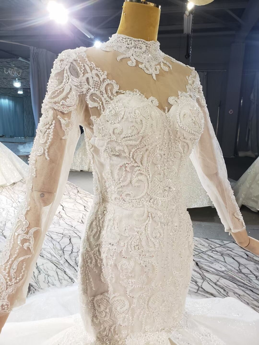 African Luxury Lace Mermaid Wedding Dresses 2021 Illusion Neck Long Sleeve Detachable Train Appliques Beads Bridal Gowns Arabric - LiveTrendsX