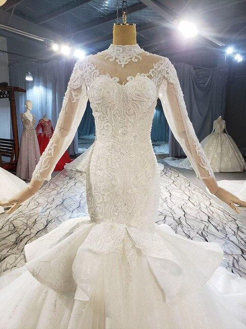 African Luxury Lace Mermaid Wedding Dresses 2021 Illusion Neck Long Sleeve Detachable Train Appliques Beads Bridal Gowns Arabric - LiveTrendsX