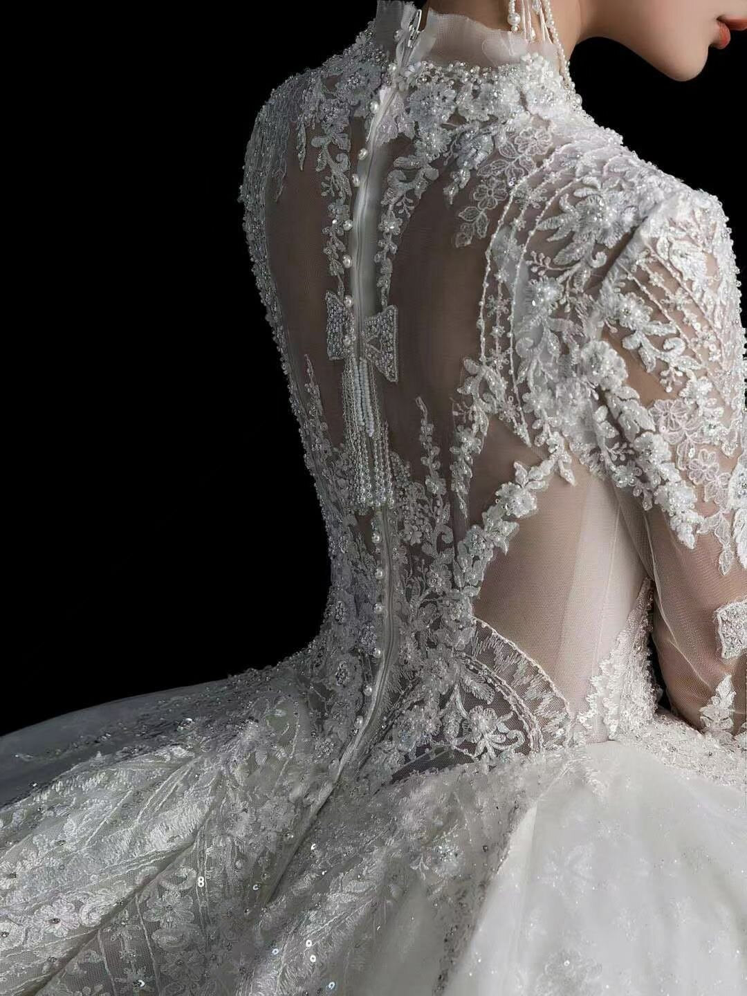 New Wedding Dress Princess V Neck Long Lace Sleeves Backless Royal Train Custom Sizes Bride Wedding Gown - LiveTrendsX