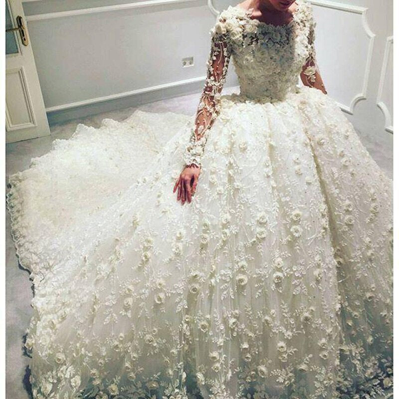 Luxury 3D Floral Appliqued Wedding Dresses With Long Sleeves Jewel Neck Charming Bridal Gowns Court Train Wedding Dress Custom - LiveTrendsX