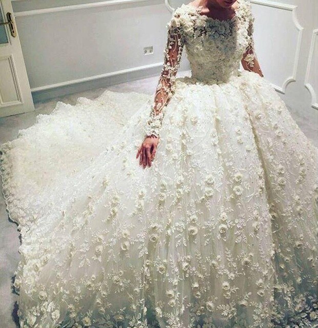 Luxury 3D Floral Appliqued Wedding Dresses With Long Sleeves Jewel Neck Charming Bridal Gowns Court Train Wedding Dress Custom - LiveTrendsX