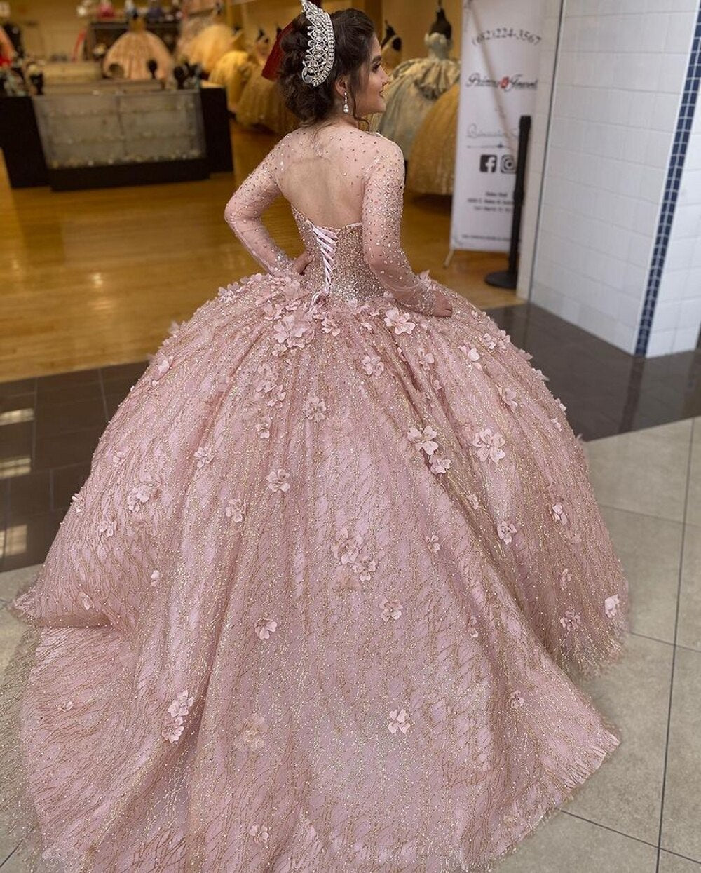 Long Sleeve Ball Gown Champagne Quinceanera Dresses Sequined Beaded Sweet 16 Dress Prom Gowns Gorgeous - LiveTrendsX