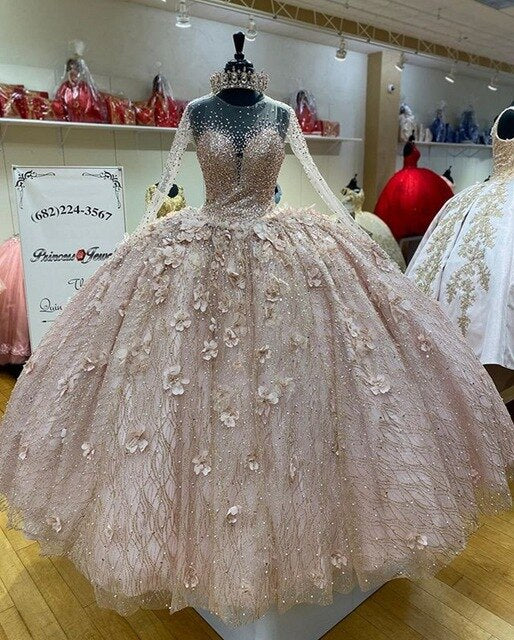 Long Sleeve Ball Gown Champagne Quinceanera Dresses Sequined Beaded Sweet 16 Dress Prom Gowns Gorgeous - LiveTrendsX
