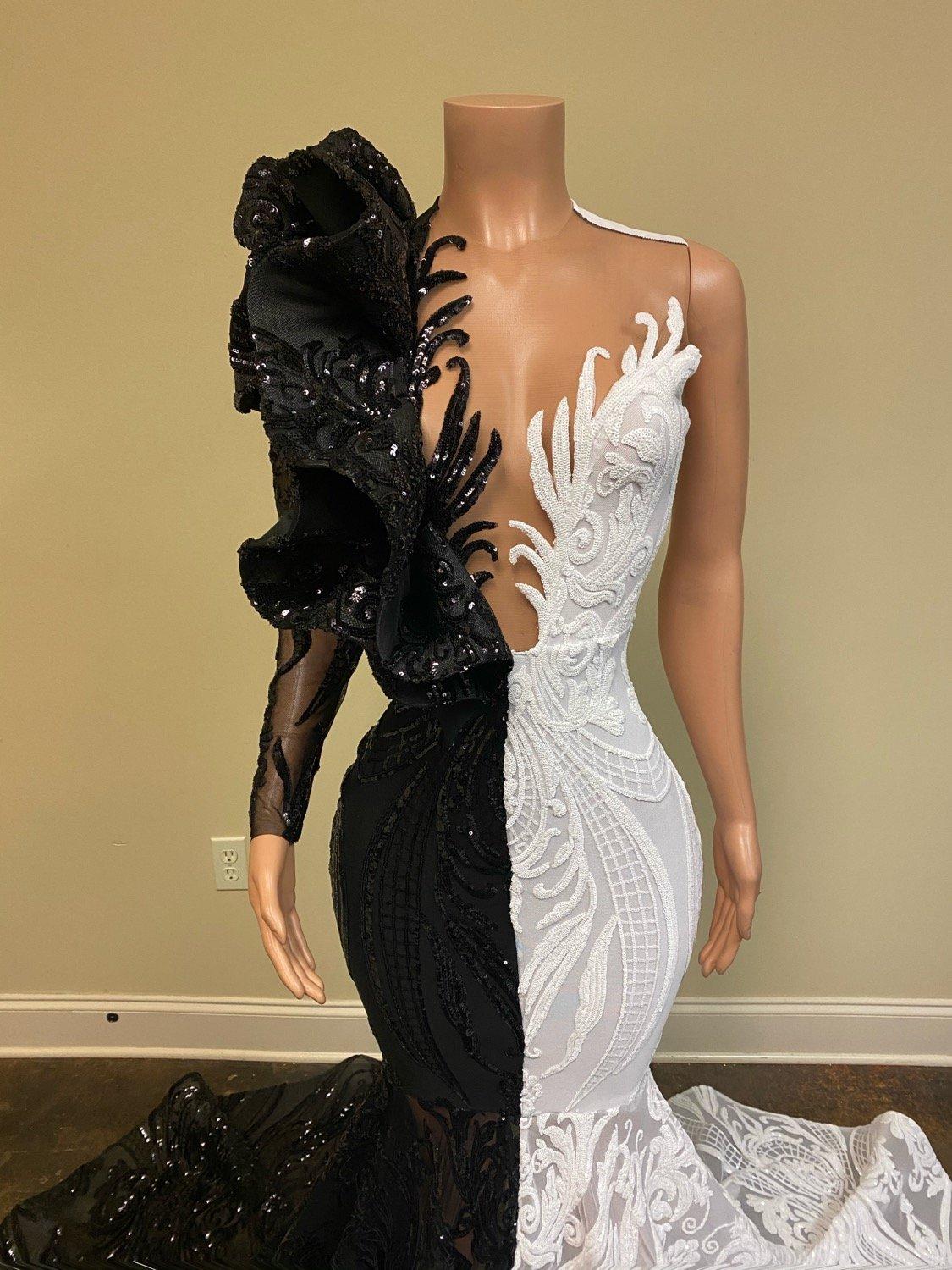 Black and White Prom Dresses One Shoulder Long Sleeveve Mermaid Sequined for Black Girls African Women Formal Evening Gowns - LiveTrendsX