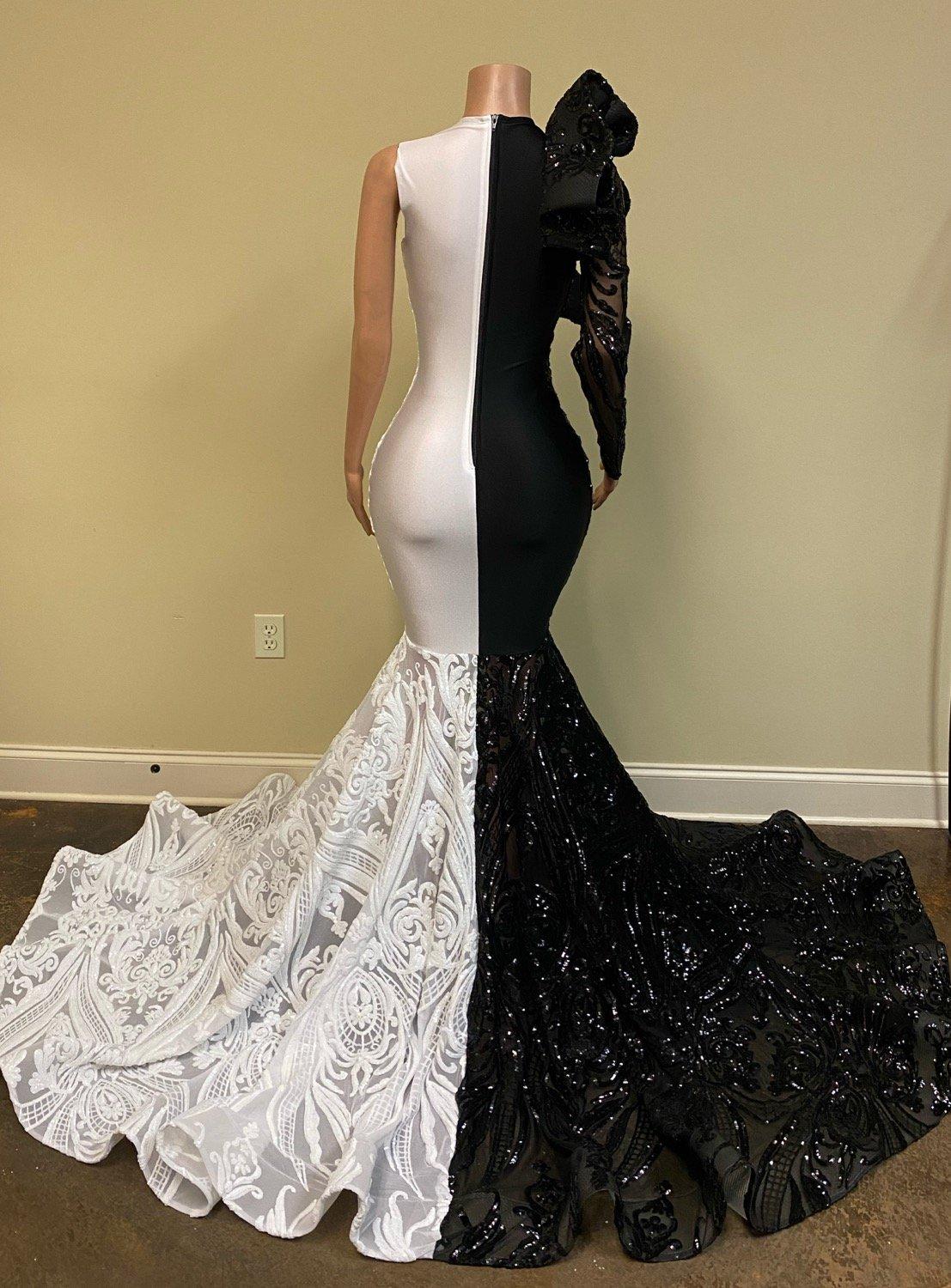Black and White Prom Dresses One Shoulder Long Sleeveve Mermaid Sequined for Black Girls African Women Formal Evening Gowns - LiveTrendsX