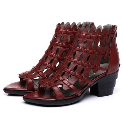 New Summer Retro Style Hand-woven Real Leather Sandals Thick Heel Soft Bottom Women Shoes Elegant Fashion Sandals - LiveTrendsX