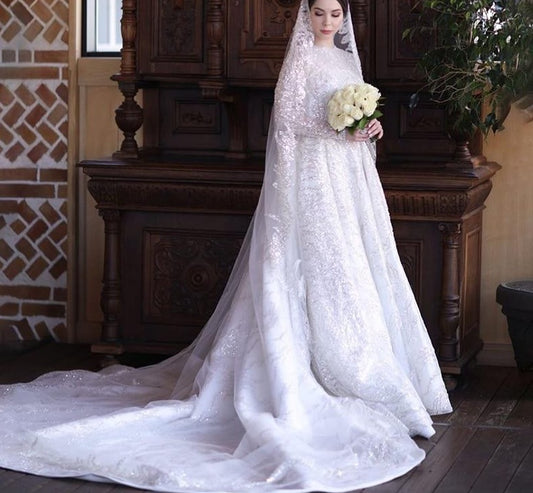 Luxury Sequined Lace Muslim Wedding Dresses with Veil Court Train gelinlik modeller A Line Bridal Gown in dubai - LiveTrendsX