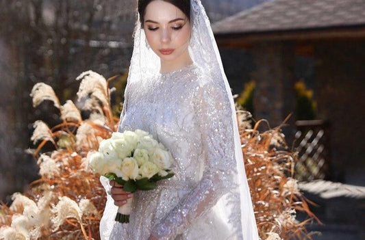 Luxury Sequined Lace Muslim Wedding Dresses with Veil Court Train gelinlik modeller A Line Bridal Gown in dubai - LiveTrendsX