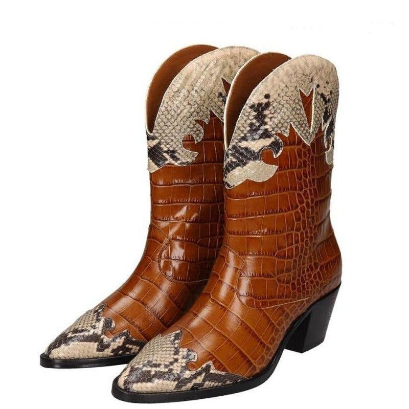 Print Stitching Mid-heel Low Women Boots