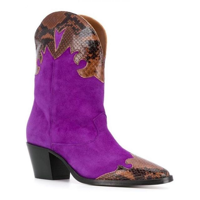 Print Stitching Mid-heel Low Women Boots