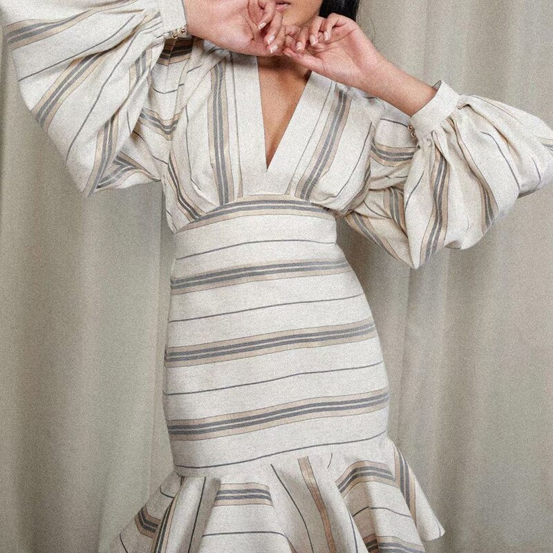 ヒットカラー ストライプ Vネック ランタンスリーブ ハイウエスト ボディコン スリムドレス