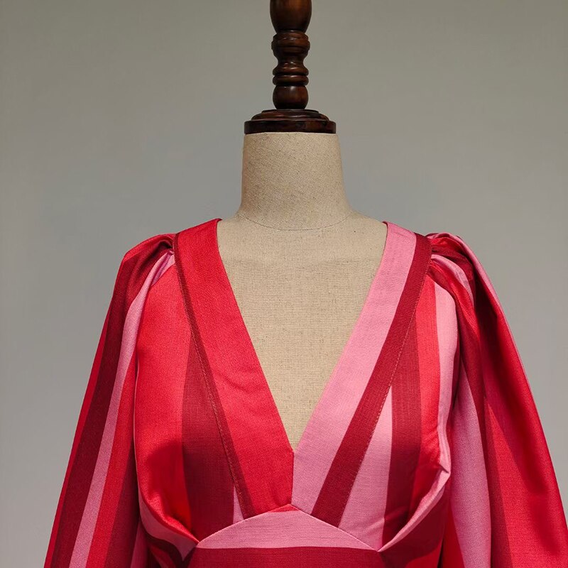 ヒットカラー ストライプ Vネック ランタンスリーブ ハイウエスト ボディコン スリムドレス