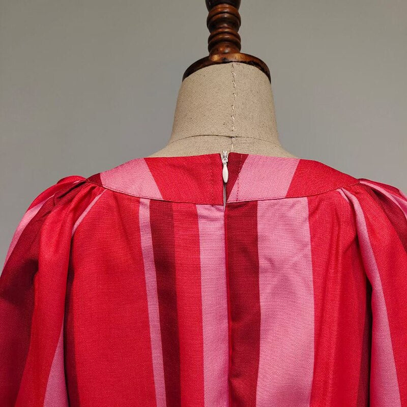 ヒットカラー ストライプ Vネック ランタンスリーブ ハイウエスト ボディコン スリムドレス