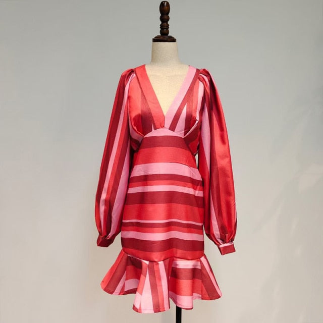 Hit Color Striped V Neck Lantern Sleeve High Waist Bodycon Slim Dresses